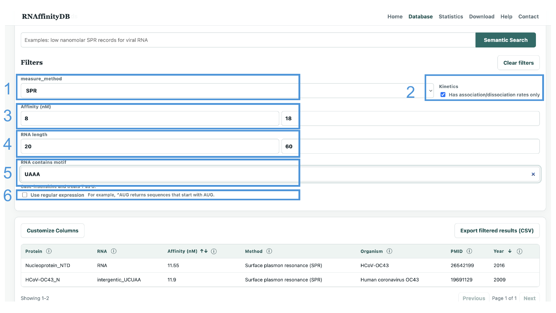 Annotated RNAffinityDB database filter controls