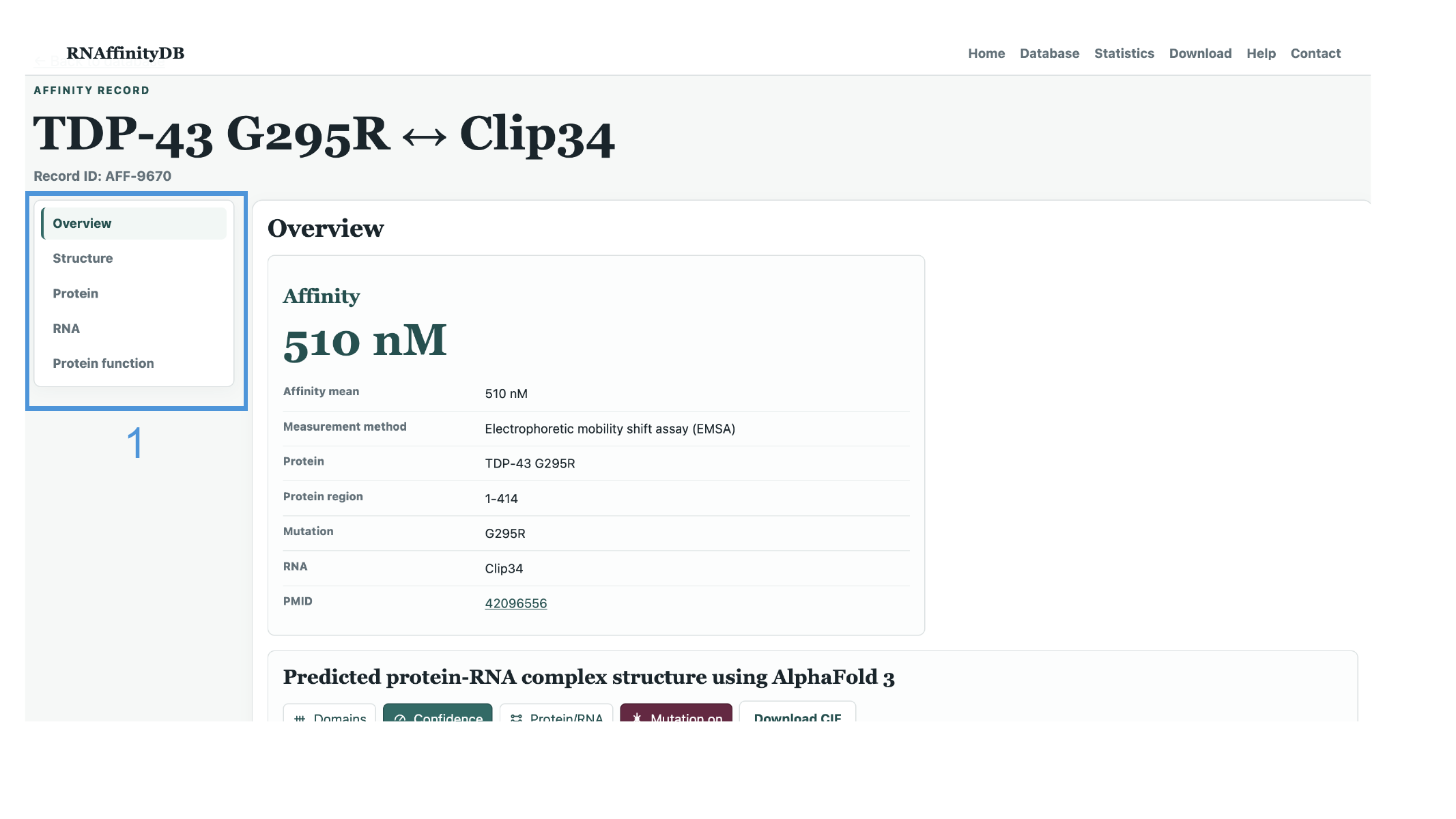 Annotated RNAffinityDB record detail page overview