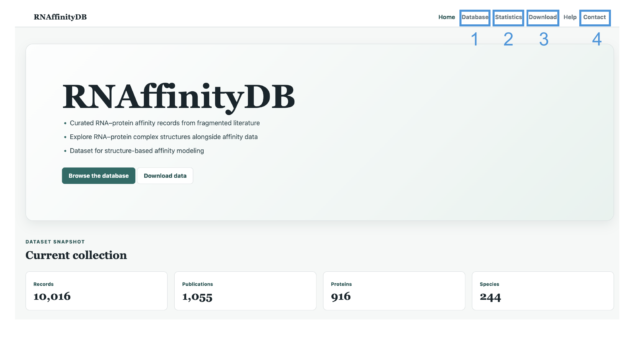 Annotated RNAffinityDB main navigation